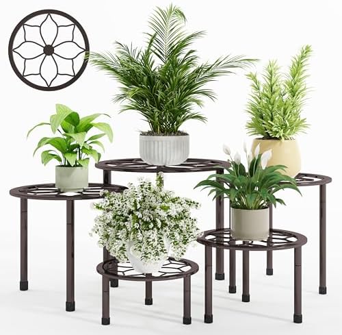 Metal Plant Stand Indoor Outdoor,Indoor Plant Stands for Patio Rust Proof,Heavy Duty Flower Pot Stands for Multiple Plant,Brown Potted Plant Holder for Garden Home (5 Pack Brown) by NUZZERO
