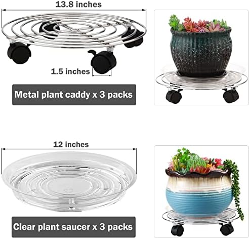 3 Packs Metal Plant Caddy 13.8” Plant Dolly with Wheels Heavy-duty Wrought Iron Rolling Plant Stand with Casters Indoor and Outdoor Plant Pot Roller Base Plant Mover Saucers, Bright Silver - Image 3