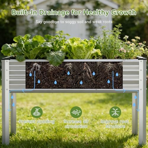 COMHOMA 2 Pack Raised Garden Bed with Legs 4x2x2.5ft,Large Elevated Galvanized Metal Planter Box with Drainage Holes,Outdoor Growing Kit with Gloves Tools for Backyard Patio Lawn,Sliver - Image 6