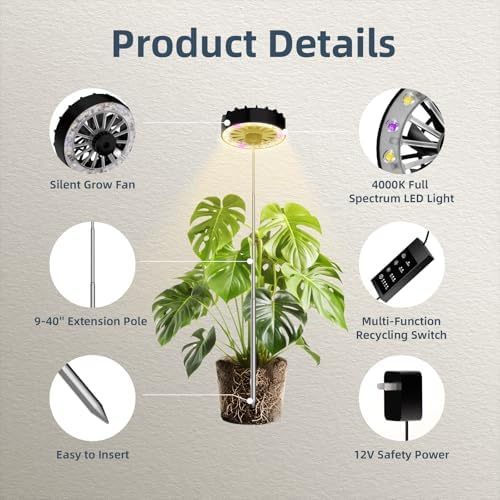 Height Adjustable Grow Light for Indoor Potted Plants, Full Spectrum Plant Light with Fan, Metal Pole Stake Growing Lamp, CRI 90+, 2/4/8/12H Timer, Ideal for Tall Plants & Succulents 1 Pack - Image 2