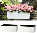 LaLaGreen Outdoor Rail Planter for Balcony (20 Inch, 2 Pack) Large White Self Watering Railing Planters with Brackets, Rectangular Plastic Fence Modern Window Boxes Designer Choice with Rattan Pattern by L%C3%A1L%C3%A1Green