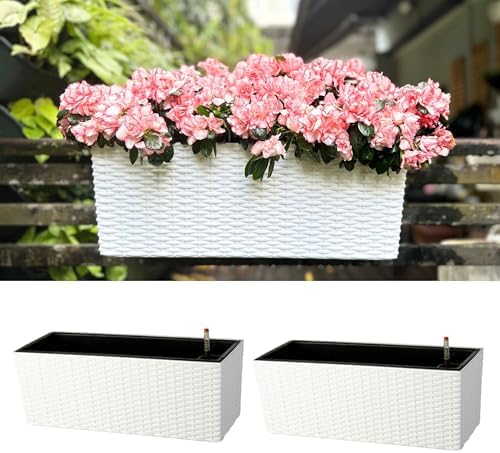 LaLaGreen Outdoor Rail Planter for Balcony (20 Inch, 2 Pack) Large White Self Watering Railing Planters with Brackets, Rectangular Plastic Fence Modern Window Boxes Designer Choice with Rattan Pattern by L%C3%A1L%C3%A1Green
