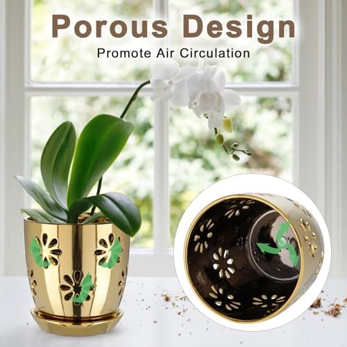 Oairse 6 inch Orchid Pots with Holes, Gold Ceramic Orchid Pot for Repotting Small Indoor Plant Pots with Drainage Holes and Saucers Decorative Flower Planter for Orchids, Indoor Plant - Image 4