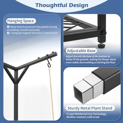 3 Tiered Hanging Plant Stand Indoor outdoor, Corner Plant Flower Stand for Multiple Plants, 67" Tall Plant Rack for 5 Potted Flowers,Plant Shelf for Living Room, Balcony, Patio, Garden, Square Black Metal - Image 5