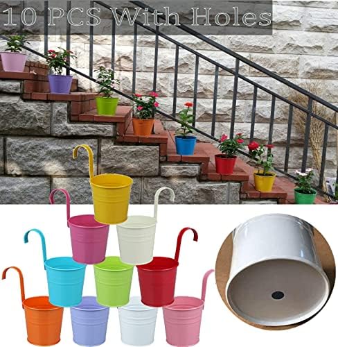 Railing Planters with Drainage Holes, 10 Pack 6.3" x 4.7" x 5.3" Iron Hanging Flower Pots with Removable Hooks for Balcony Fence Garden Suitable Indoor Outdoor, Plant Hanger, 10 Colors - Image 4
