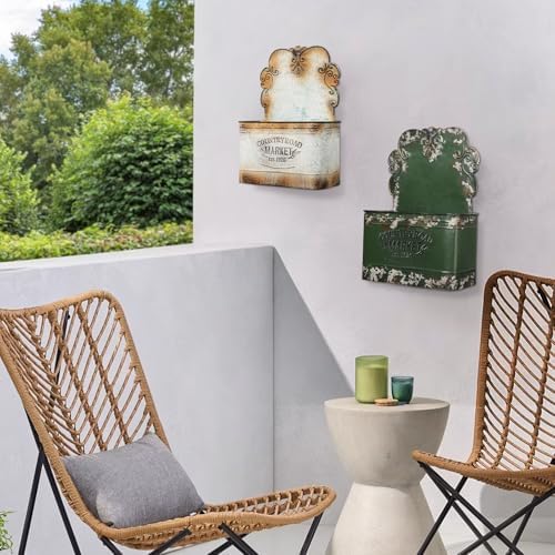 Set of 2 Metal Wall Planters Vintage Hanging Wall Planter Rustic Farmhouse Outdoor Decor Shabby Mount Planters for Fence Garden Patio Porch - Green - Image 5
