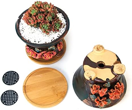 5.5 Inch Succulent Pot Handmade Flower Design Round Ceramic Antique Plant Pot Cactus Pot Planter with Drainge and Saucer Set of 2 - Image 2