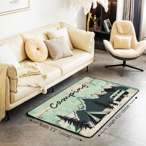 Erosebridal Rv Woodland Tent Area Rug 4'11" x 3'3" Happy Camping Mountain Living Room Rugs Wooden Board Simple Camper Decorative Carpet Retro Light Blue Indoor Floor Mat - Image 2