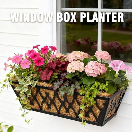2 Pack 16 Inch Window Boxes Planters Railing Planter Box with Adjustable Brackets for Porch Fence Patio Balcony Hanging Flower Baskets with Coco Liners for Outdoor Garden Decor - Black - Image 2