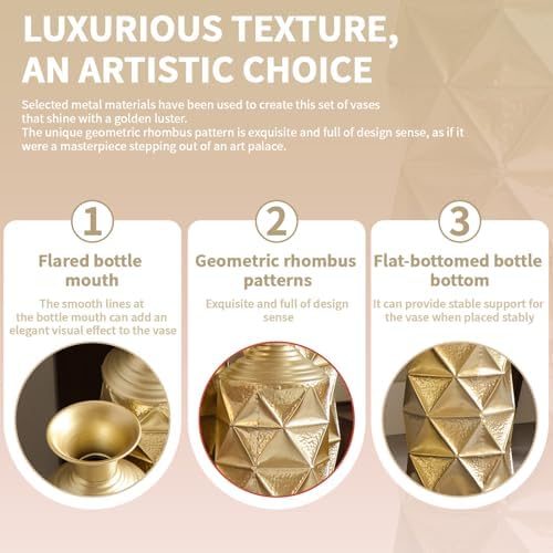 Tall Floor Vases Set of 3 for Decor Living Room Floor, Gold Vases Home Decor, Embossed Body Pattern, 33.5" H/29.5" H/25.2" H Geometric Cylinder (Gold 3) - Image 5