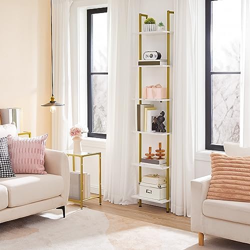 HOOBRO DIY Ladder Shelf, 6-Tier Wooden Wall Mounted Bookshelf, Narrow Gold Bookcase, Display Shelf, Storage Rack, Plant Stand, for Living Room, Bedroom, Study, Balcony, Marble and Gold DM651CJ01 - Image 2