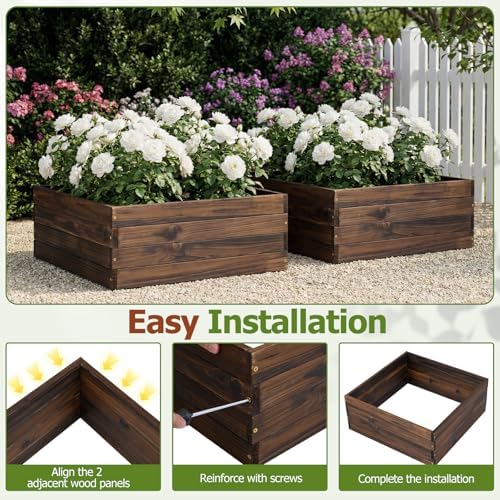 GIANTEX Wooden Raised Garden Bed Set 2, 23" x 23" Square Fir Wood Planter Box with Open-Ended Base for Vegetables Flowers Herb, Indoor Outdoor Elevated Planter Container for Patio Yard Garden Balcony - Image 5
