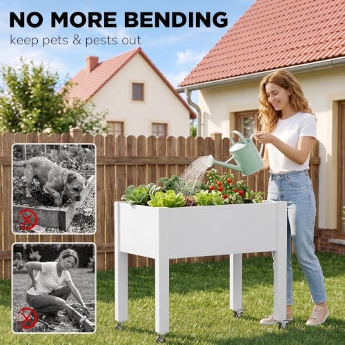 Elevated Raised Garden Bed with Wheels,Planter Outdoor Plants,Matte White - Image 3