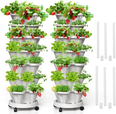 7 Tiered Strawberry Vertical Planters, 2 Pack Stacking Tower Garden with Support Pole, Stackable Herb Vegetable Planters Indoor Outdoor White by Tectsia