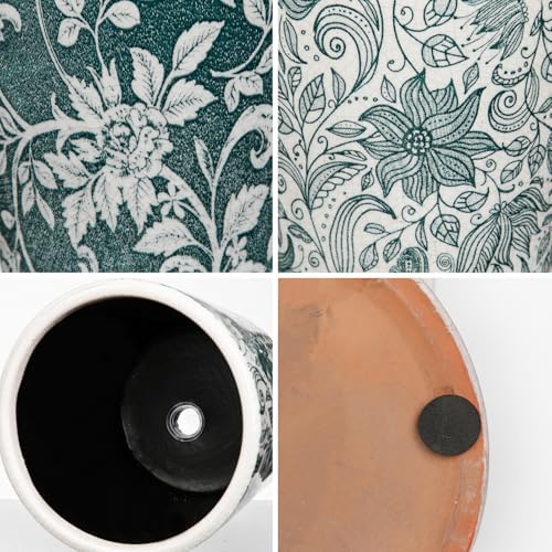 Set of 2 Ceramic Blue and White Plant Pots with Drainage Hole and Saucers, Vintage Farmhouse Accent Planters for Indoor Plants, Round Flower Pots Rustic Succulent Pot Terracotta Tubs 5.7/4.7 Inch - Image 4