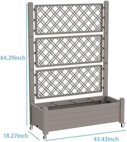 Mobile Garden Planter with Trellis & Lockable Wheels, Outdoor Raised Bed with Drainage & Water Gauge, Weather-Resistant Resin for Patio, Balcony, Yard, Dust-Resistant (Grey, 43.43*18.27*64.29) - Image 2