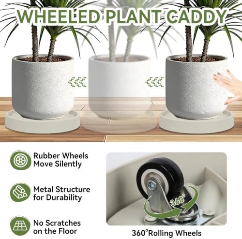 2 Pcs Plant Caddy with Hidden Wheels 14.76 Inch Heavy Duty Rolling Plant Stand, Indoor Outdoor Plant Saucer Tray with $9.9 Garden Tools (Gray) - Image 3