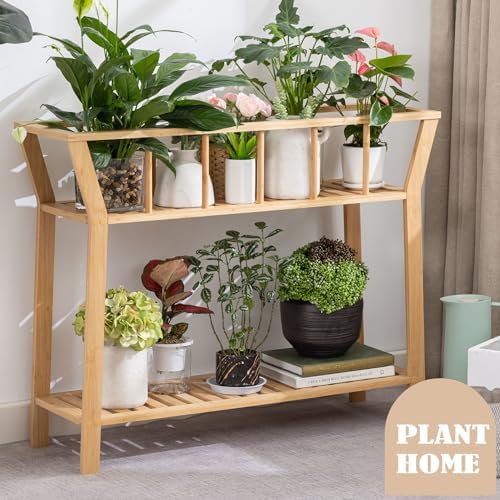 Nnewvante Bamboo Plant Stand Indoor 37.4"x11" 2 Tier Tall Organizer Shelf - Image 4