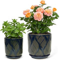 Ceramic Glaze Plant Pot Set 7.2+5.8 Inch Planter with Drainage Hole,Mesh Net,Saucer,for Indoor Outdoor(Leaf-Blue) by Unknown