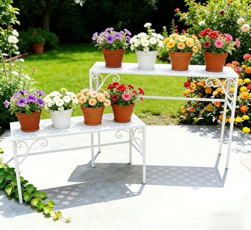 2 Tier Metal Plant Stand, Ladder Flower Pot Holder Plant Stands, Stackable Heavy Duty Tall Plant Shelf Flower Pot Holder for Patio Garden Corner Balcony Living Room (2 Tier H24.4 In-White) - Image 2
