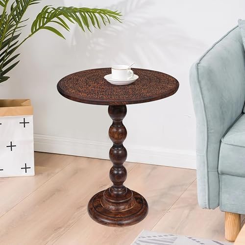 Side Tables Round – Small Drink Table for Small Spaces, Modern Accent Nightstand with Hand-Carved Top & Solid Wood Tables for Living Room, Bedroom, Office – Scorch Burnt Finish_18x22 Scorch Burnt - Image 3