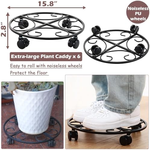 6-pack 15.8 inches Extra-large Metal Plant Caddy with Wheels Rolling Plant Stands Wheeled Plant Dolly Coasters Heavy-duty Pot Mover Roller Base Indoor Outdoor Garden Planter Trolley Cart, Black - Image 2