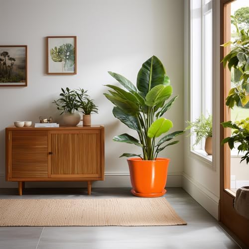 10 Inch Plant Pot, Ceramic Pots for Plants with Drainage, Orange - Image 3