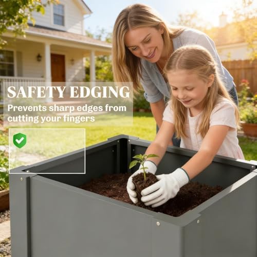 Outdoor Galvanized Garden Bed - Metal Raised Planter Flower Beds, Deep Root Planter Box Safety Edging & Gloves Included for Planting Flowers Herb Vegetables Tomatoes, Herbs Strawberry Grey - Image 3