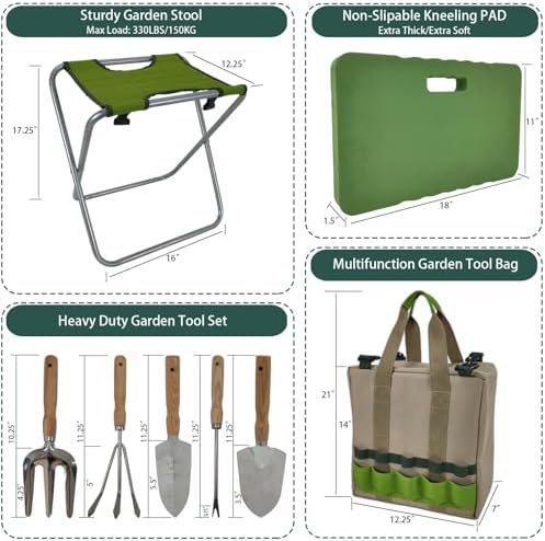 Gardening Tool Set with Folding Stool and Storage Tote Bag - Image 2