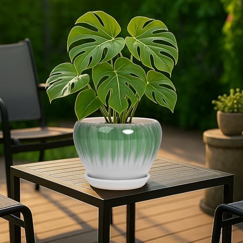 Deep Dream 8 Inch Plant Pots- Ceramic Pots for Plants with Drainage Hole and Saucer, Large Planter Pot for Indoor Plants Outdoor Decor, White&Green - Image 3