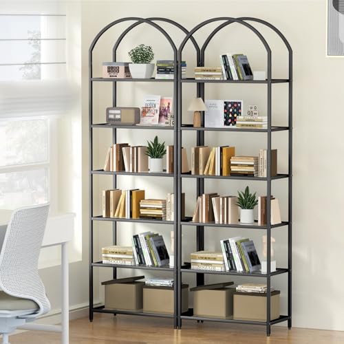 Homhedy 6-Tier Tall Black Bookshelf, Arched Bookcase with Glass Shelves - Image 4