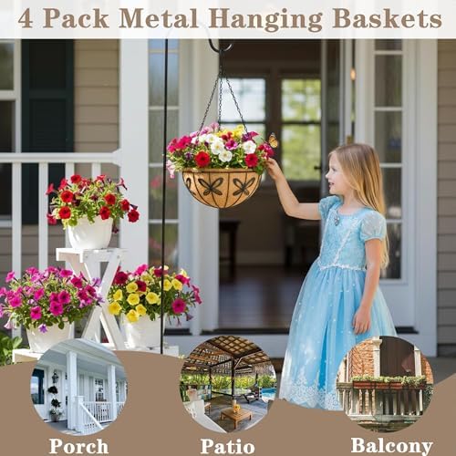 EIMQUVW Outdoor Metal Hanging Planters Basket (4pack, 14 inch) Hanging Baskets for Plants Chain Round Wire Plant Holder with Coco Fiber Liners for Garden, Patio, Deck, Porch(Butterfly) - Image 6