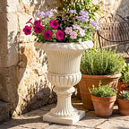 Christopher Knight Home Kyra 24.02" H Classical Urn Planter, MGO Round Outdoor Flower Pot, Weather-Resistant Outdoor Planter for Backyard Hallway, Fluted Relief Pedestal Planter Pot, Antique White by ChristopherKnightHome