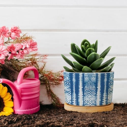 Animal Planters Ceramic White Blue Animal Strip Round Flower Pots with Drainage Holes and Bamboo Tray Pot for Indoor Outdoor Garden - Image 5