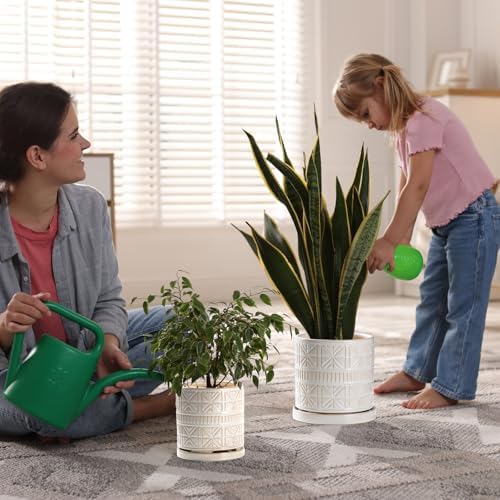 Ceramic Plant Pots Indoor-Outdoor: 8 Inch Embossed Planters with Drainage Hole & Saucer - Modern Decorative Flower Pots for Home Garden Patio Office Decor - Image 7