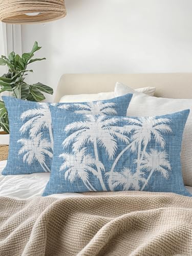Tropical Palm Tree 12x20 Waterproof Outdoor Lumbar Pillows Set of 2 with Inserts, Vintage Sky Blue Exotic Botanical Plants Patio Decorative Cushion Pillows for Outdoor Sofa Bench Porch Balcony - Image 3