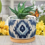 Blue Grey Ikat Planter Ceramic Solid Navy White Round Flower Pot with Drainage Holes and Bamboo Tray Pot for Succulents Cactus Garden Windowsill - Image 6