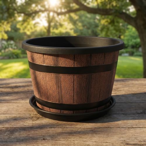 Whiskey Barrel Planter with Saucer, Plastic Rustic Faux Wood Flower Pot - Image 5