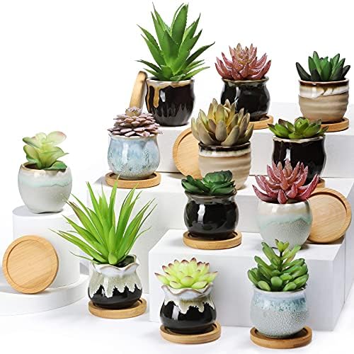 Remerry 12 Pcs Ceramic Succulent Pots 2.5 Inch with Drainage Bamboo Tray by Remerry