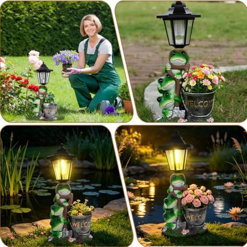 Frog Garden Statue Home Outdoor Decor with Solar Lantern and Flowerpot Solar Frogs Sculptures Waterproof Garden Outside Figurine Ornament, Women Gardening Housewarming Gift for Yard Pond - Image 6