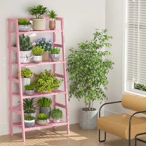 Homykic Pink Ladder Shelf, 4-Tier Bamboo Bookshelf & Bookcase Organizer - Image 7