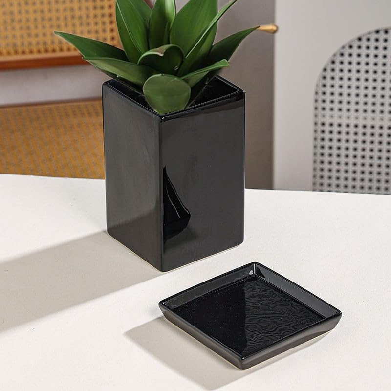 Square Ceramic Plant Saucer Tray 8 9 10 Inch Black, 9.3" OD x8.3 ID x1.3 Deep, Sturdy Heavy Duty Glazed Planter Drip Flower pots with Catch Basin for Indoor Outdoor Plants(10" Black) - Image 3