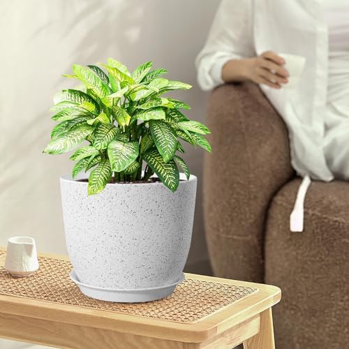 WSMKSZ 10/9/8 inch Medium Plant Pots, Set of 3 Modern Decorative Plastic Planters with Drainage Holes and Saucers for Garden House Plants, Flower Pots for Indoor Outdoor Plants, Speckled White - Image 2