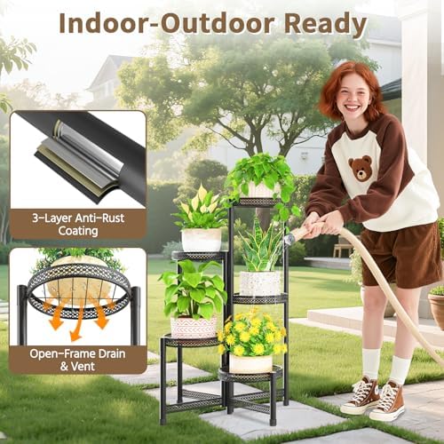 LASZOLA Plant Stand Indoor Outdoor Tall for Multiple Plants, 5 Tier Black - Image 2
