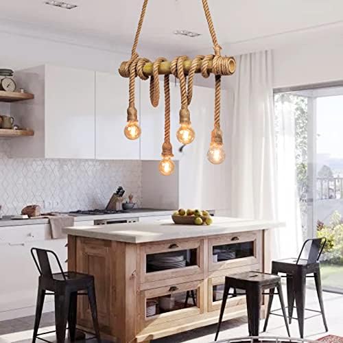 Arturesthome 4 Heads Hemp Rope Bamboo Pendant Light for Restaurant Cafe - Image 3