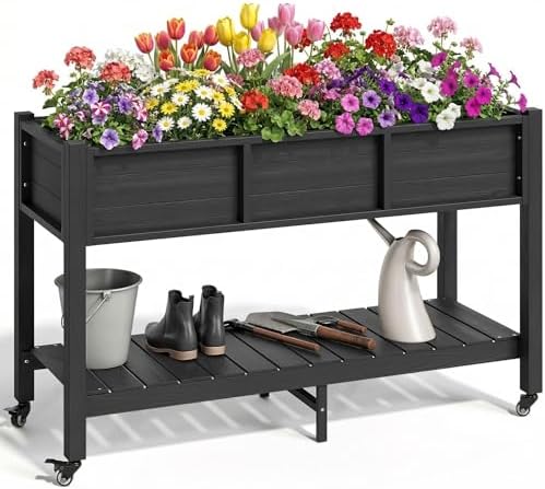 YITAHOME Raised Garden Bed HDPE, 47x18x31In Raised Flower Bed Poly-Wood Weather-Resistant Elevated Planter Box with Lockable Wheels & Storage Shelf for Vegetable Flower, Black by YITAHOME