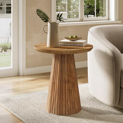 Solid Wood End Table Set of 2, 19" Small Round Pedestal Side Table with Fluted Base, Farmhouse Bedside Table for Living Room, Small Space - Image 5