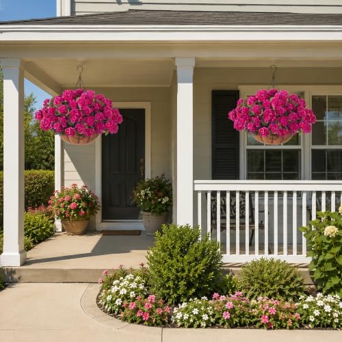 INSPRING Geraniums Artificial Flowers Hanging Basket for Outdoors Outside Decoration, 8 Bundles Silk Flowers Fake Plants Look Real UV Resistant for Porch Home Patio Balcony Yard, Fuchsia - Image 4