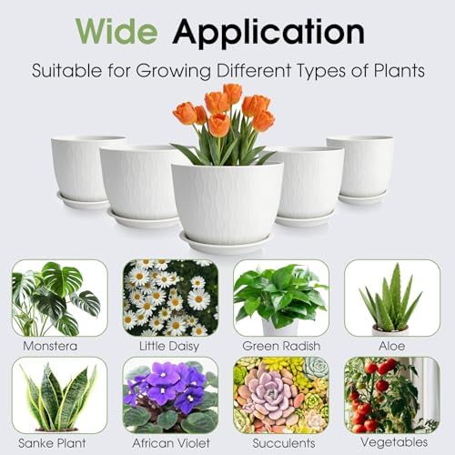 GARDIFE 5-Pack Plastic Plant Pots 7-10in with Drainage & Saucers, White - Image 5
