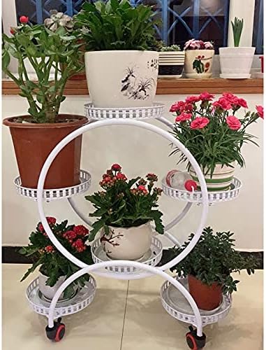 Metal Plant Stands 6 Pots Plants Flower Holder 4 Tier Display Shelf Rack with Wheels for Patio Garden Yard Home Decor Indoor And Outdoor, Round White - Image 3